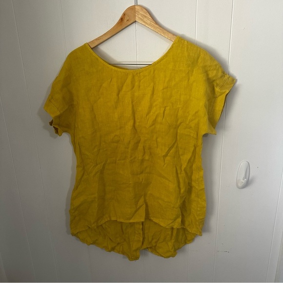 Vibrant Yellow Linen Blouse with Flared Sleeves and High-Low Hem - Picture 1 of 4
